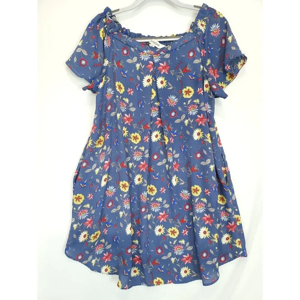 Davi &‎ Dani Blue Floral Shift Tunic Dress Women L Pleated Front Lined Flowey